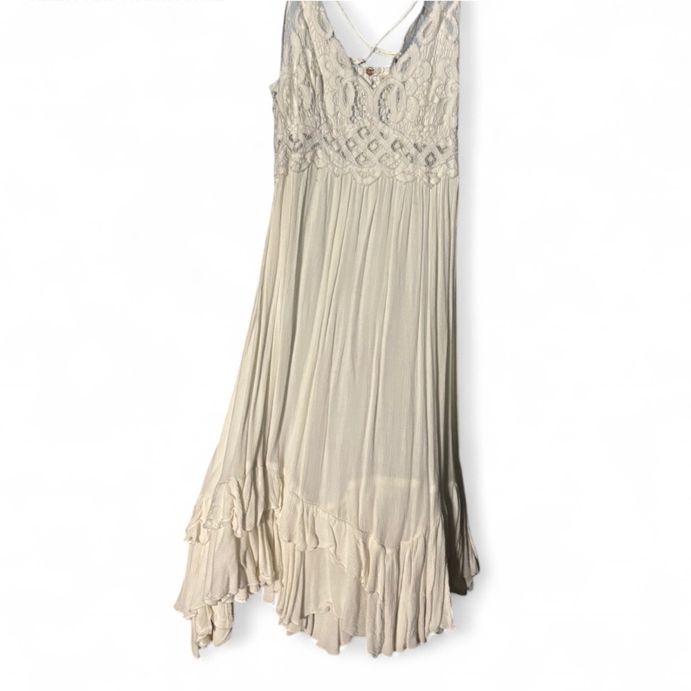 Free People Tan Midi Sundress with V-Neck and Ruffled Tiers